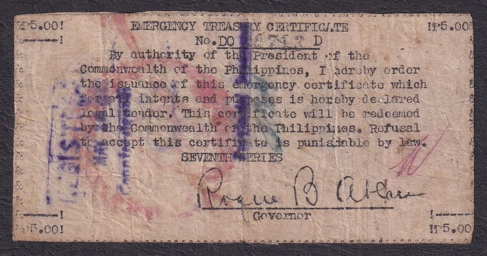 WW2 US Philippines 5 Pesos ILOCOS NORTE Registered Emergency Treasury Certificat - Image 3 of 4