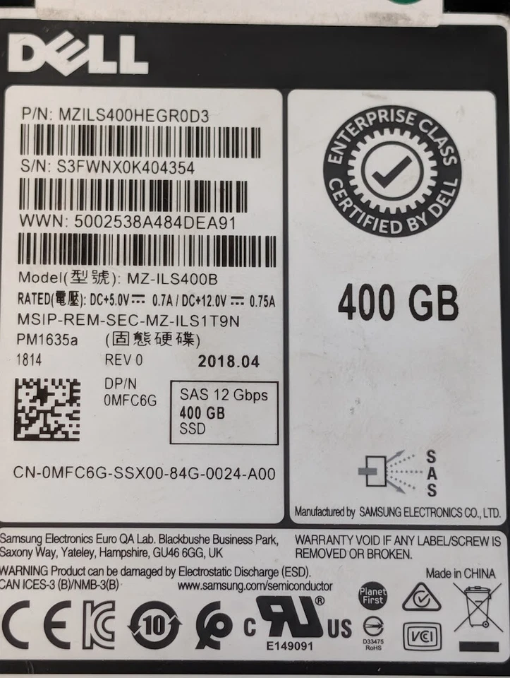 Dell 400GB MFC6G SAS Server Solid State Drive 2.5" 12gb/s Enterprise MZ-ILS400B - Image 2 of 3