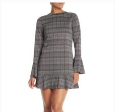 Michael Stars Gray Bell Sleeve Longsleeve Plaid Mini Dress Sz XS