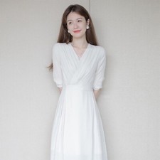 V-neck Long Dress Womens Autumn OL Formal Slim Fit Waist A-line Skirt New
