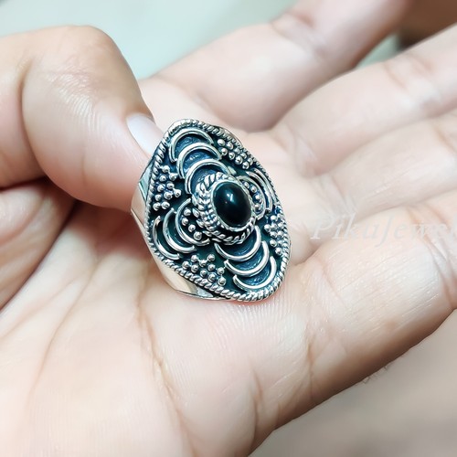 Bague En Argent 925 Et Obsidienne Naturelle - Pierre Noire Ovale - Bijou Fait Main