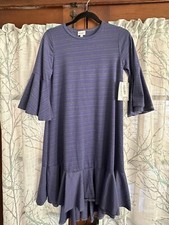 NWT LuLaRoe Women's Blue/Gray Striped Ruffle Maurine Dress - Small