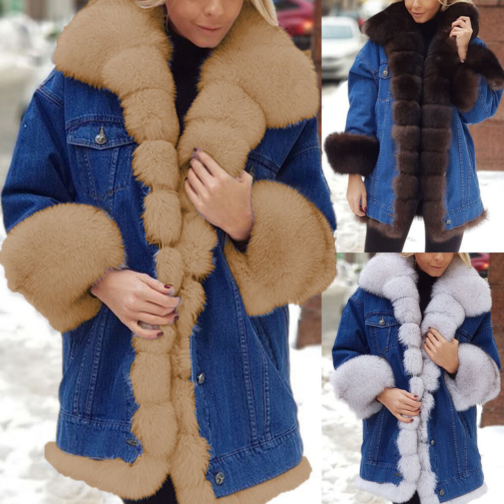 Womens Faux Fur Denim Jacket Winter Warm Plush Parka Coat Long