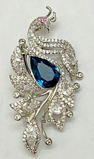 Peacock Crystal Rhinestone Brooch Pin Bird Parrot Glass Aqua Blue Clear Large US
