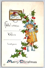 Holiday~Girl With Phone & Holly Christmas Greeting~Vintage Postcard