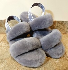 UGG Oh Yeah Womens Slippers Sandals Gray Shearling Fuzzy Fur Slingback 12 NEW