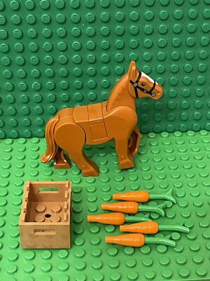 Lego City Mini Figures Dark Orange Complete Horse With Carrots