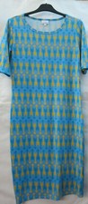 LuLaRoe Julia Fitted Dress Bodycon Blue Yellow Arrow Short Sleeve  Med. - BB-12