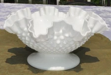 Fenton Hobnail Bowl 10" Pedestal White Milk Glass Ruffle Edge 5" Tall Folded Rim