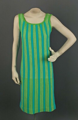 VTG Women's 60s Mod Gogo Blue Green Striped Shift Dress Sz XS