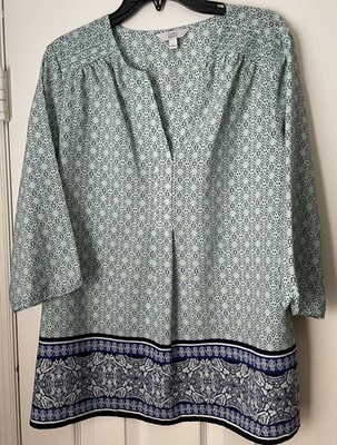 Croft & Barrow Ladies Tunic Top-Size L-3/4 Sleeves-Green & Blue