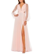 Mac Duggal Tulle Puff Sleeve Cut Out Lace Up A-Line Gown Women's