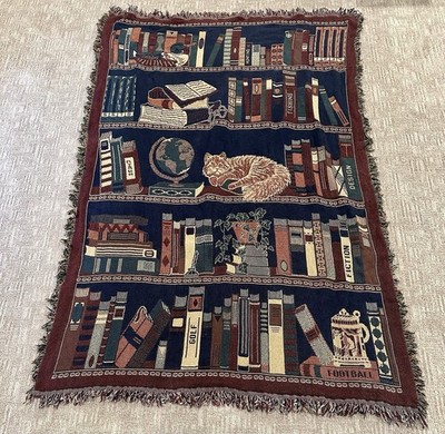 VTG Goodwin Weavers Tapestry Fringe Throw Blanket Bookshelf Cat Duck Sport 46x68