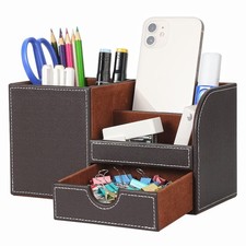 Desk Organizer Office Supplies Caddy Pu Leather Multi-function Storage Pen/Pe...