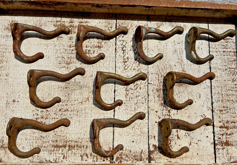 Vtg Mixed Lot of 10 Rustic Primitive Metal Double Hat Coat Hooks Old Hardware