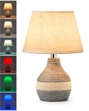 10” Small Ceramic Cordless Table Lamp with Timer, Dimmer, Linen Shade, Remote...