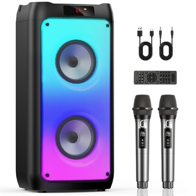 JYX Dual Driver Bluetooth Party Speaker with 2 Wireless Mics &Color Changing LED