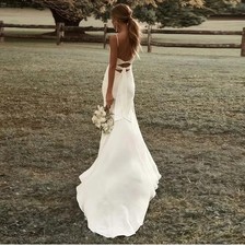 Off Shoulder Wedding Dress Chiffon Thin Shoulder Strap Split Backless Bride Gown