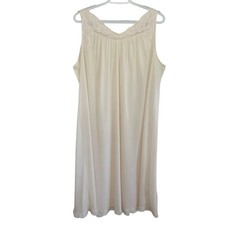 Vtg Shadowline Nylon Nightgown Womens Large Beige Pink Lace Floral Embroidery