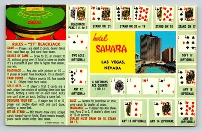 Vintage Hotel Sahara Las Vegas Postcard Blackjack Rules Gambling 1968 Postmark