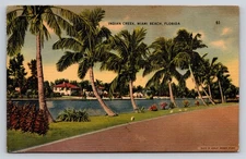 Vintage Linen Postcard Indian Creek Miami Beach Florida Palm Trees 1942