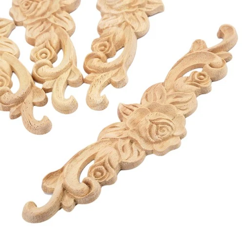 1Pc Wood Carved Applique Unpainted Door Decor Long Rose Onlay Decals 20*5cm