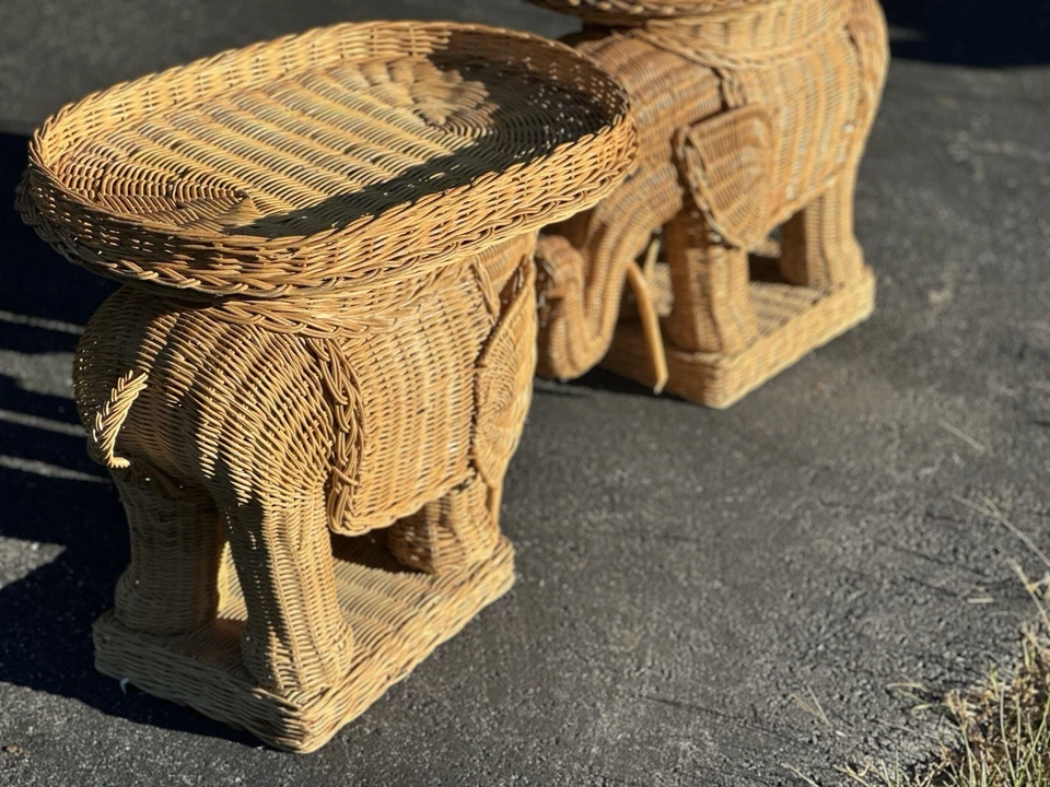 Pair of Vintage Rattan Wicker Elephant Plant Stand Side Tables with Tray - Image 4 of 4