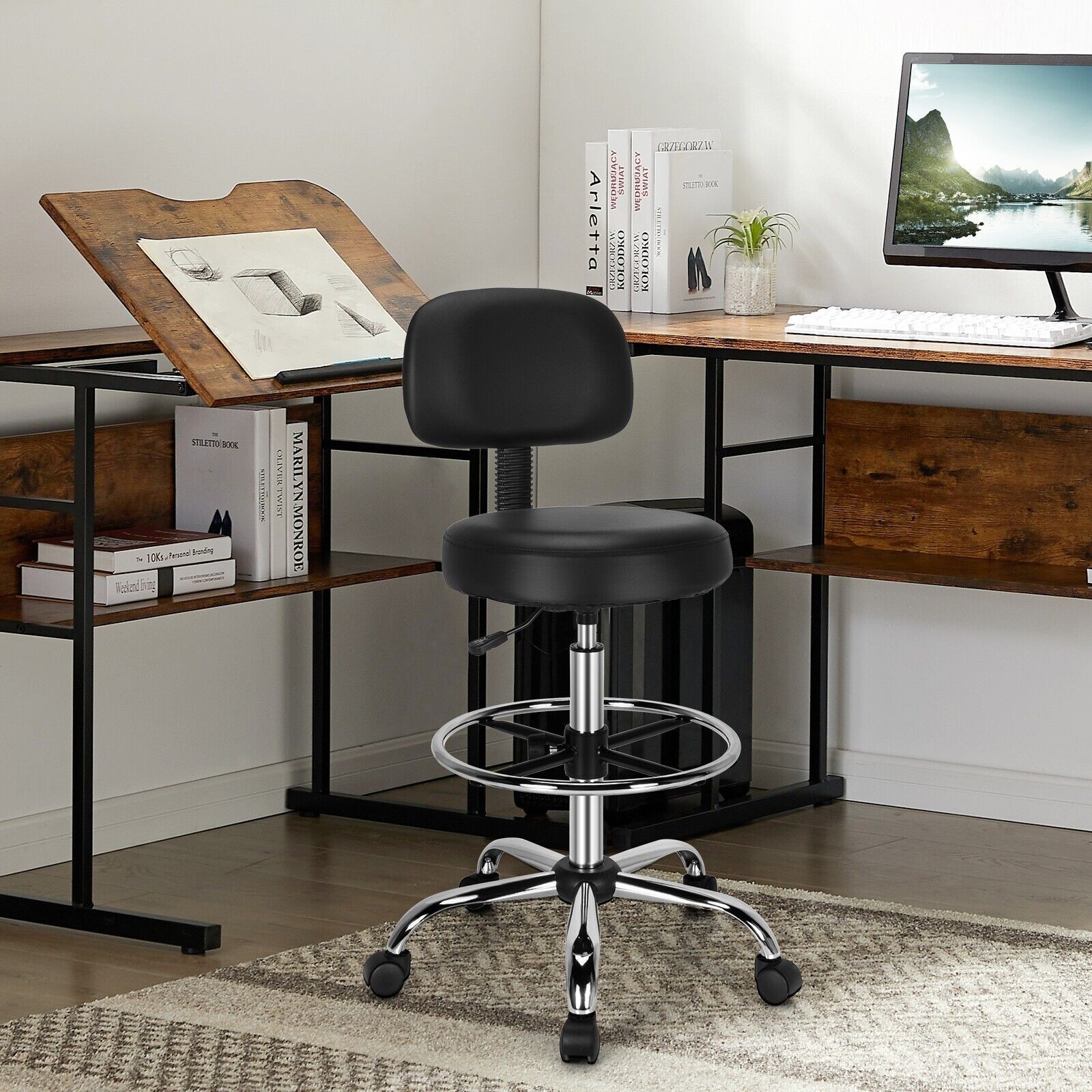 Ergonomic Drafting Chair Faux Leather Upholstered Rolling Stool with Backrest
