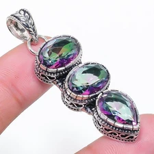 Mystic Topaz Gemstone Handmade 925 Sterling Silver Jewelry Pendant Size 2"