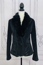 Jennyfer J Black Velvet Corduroy Rabbit Fur Collar Jacket Size L