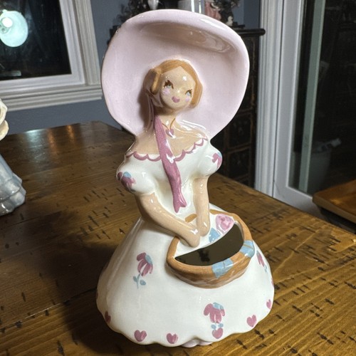 Yona Pottery Lady Figurine #22B Pink Hat Blie Rib. Blonde Hair Roses white Dress