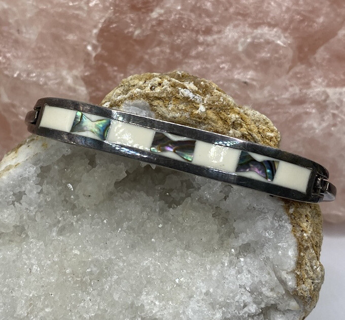 MEXICO STERLING SILVER ABALONE SHELL BANGLE BRACE… - image 1