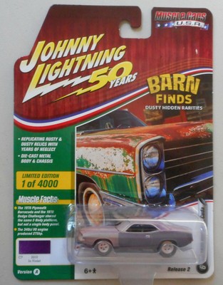 1970 Violet Plymouth Cuda Barn Find Johnny Lightning Die Cast 1 64