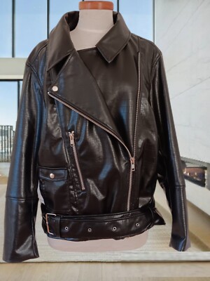  H&M Limited Edition AW 2024 Black Coated Crocodile Leather Biker Jacket sz XXL