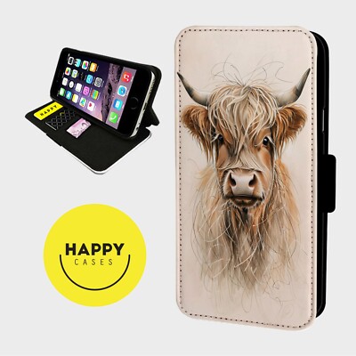HIGHLAND COW SCRIBBLE ART - Kunstleder Klapp Handy Hülle Cover - iPhone/Samsung