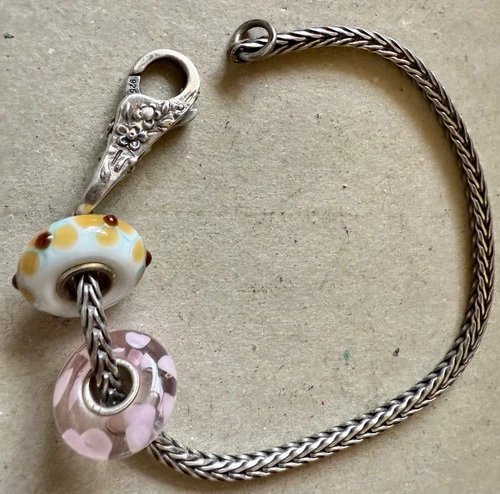 Original Trollbeads LAA 925 Sterling Silver Floral Clasp Charm Bracelet  2 Beads