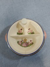 Vtg 40s Bartsch Baby Food Warming Divided Dish Little Bo Peep Pink and Blue