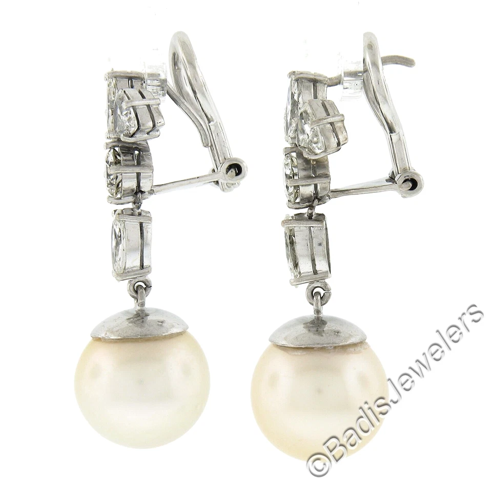 White Gold GIA Large Saltwater Cultured Pearl & Diamond Dangle Drop Earrings - Image 3 of 4