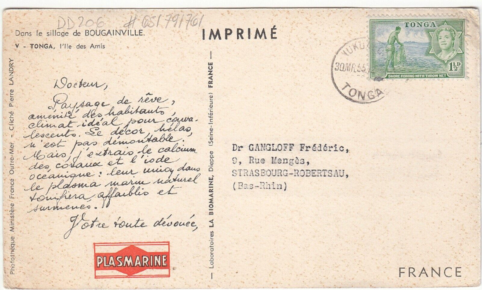 TONGA cover postmarked 30 March 1955 to France - Dear Doctor pos