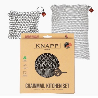 Knapp Made Cast Iron Chainmail Scrubber Kitchen Set - 4'' and 7'' Sizes. Premiu...