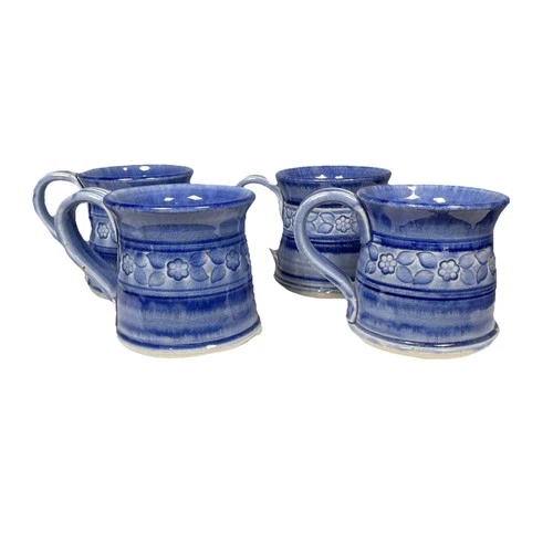Set Of 4 Studio Art Pottery Coffee Tea Mugs Cups Handmade Artist Signed Blue