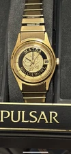 Vintage Pulsar Gator Bowl Commemorative 534 Gold Tone Watch With Box, Runs
