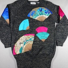 Vintage 86 Bonnie Boerer Geisha Fan Sweater Black Gold Medium Art Deco Colorful