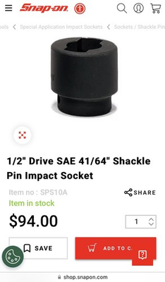 #ad Snap On 1 2quot; Drive SAE 41 64quot; Shackle Pin Impact Socket Snap On $68.99