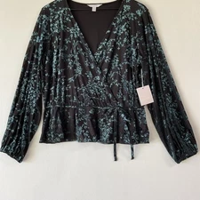 NWT Lauren Conrad Women's Large Velvet Burnout Floral Faux Wrap Peplum Tie Front