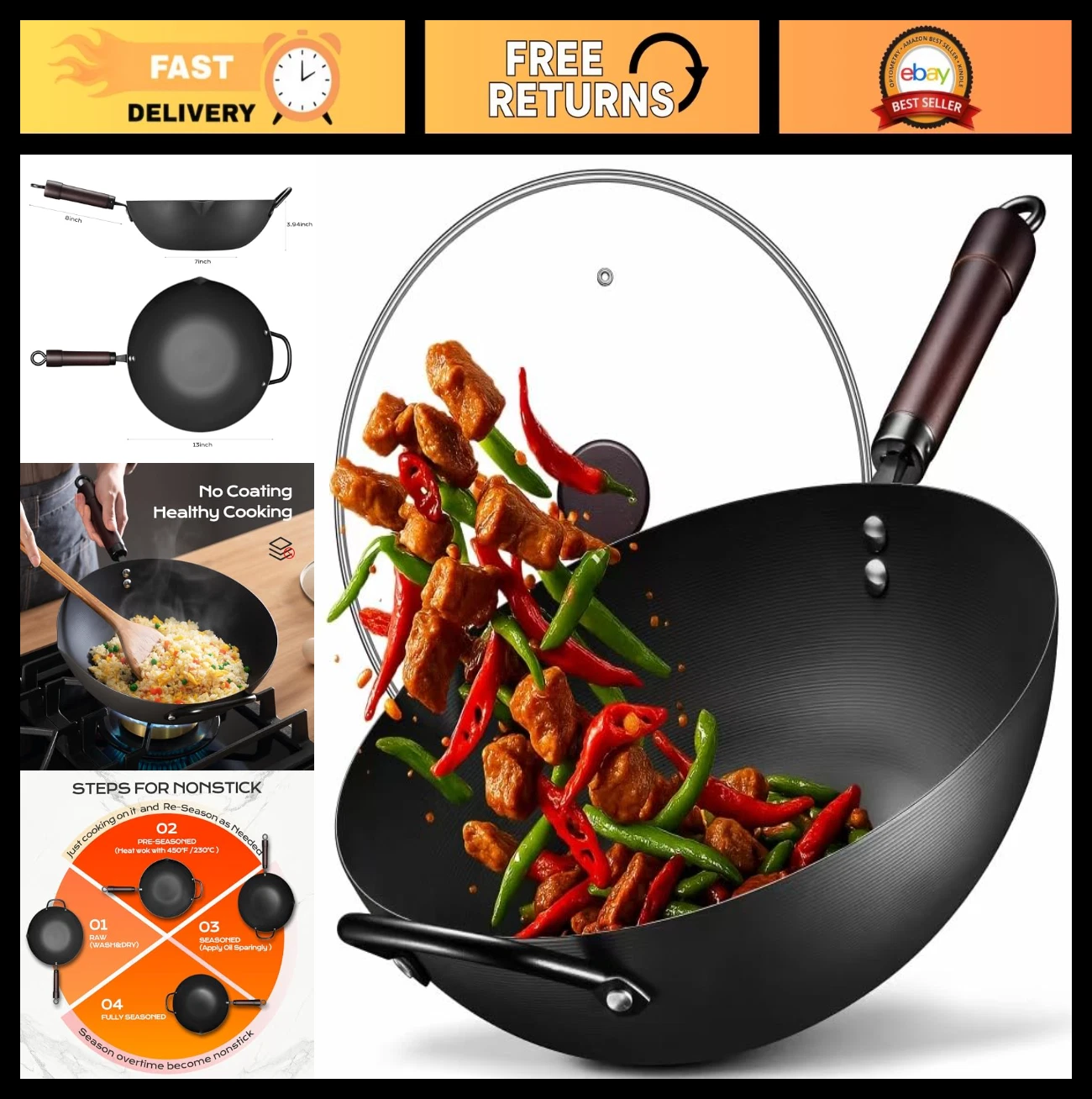 13" Carbon Steel Wok & Stir-Fry Pan, Nonstick, Pre-Seasoned 5.8QT, Flat Bottom,