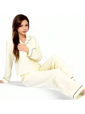 Women's Textured Pajama Set With Long Sleeve Button Up Top And Contrast Piping D