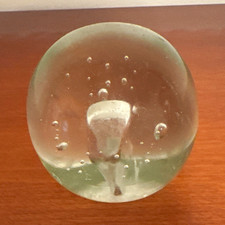 Clear Green Glass Paperweight Sphere Orb with White Core and Bubbles