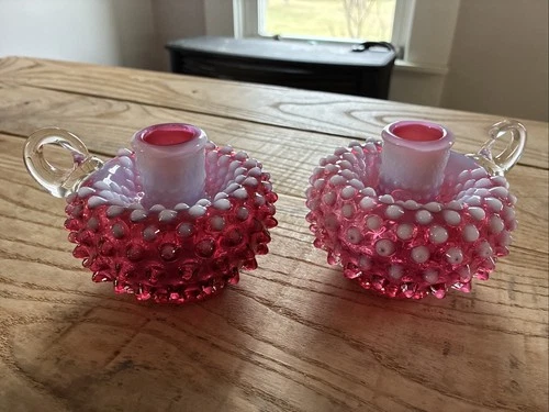 Pair of Vintage Fenton Candlestick Candle Holders Cranberry Opalescent Hobnail