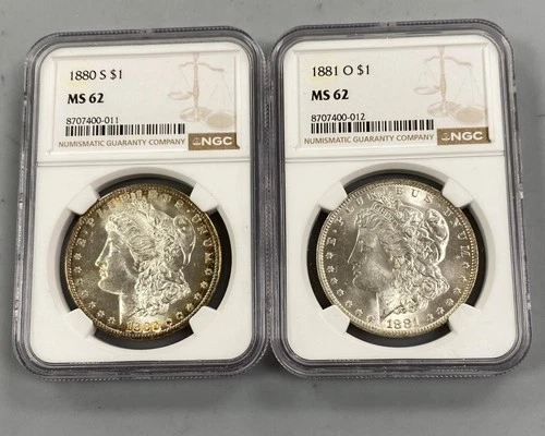2 NGC MS62 US Morgan silver $1 1880-S 1881-O L23775